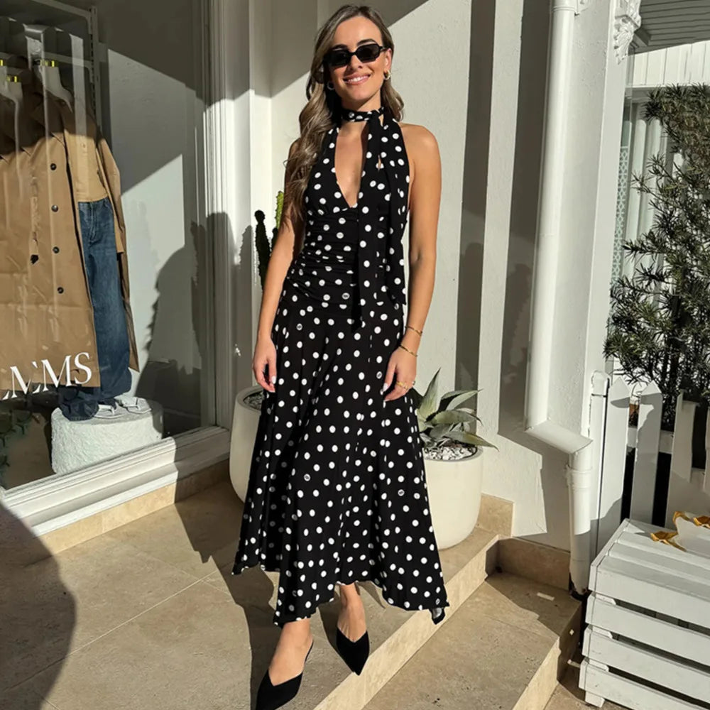 Blifanbo Polka Dot Halter Sexy Maxi Dress