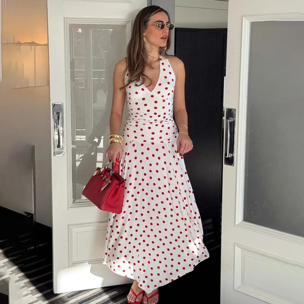 Blifanbo Polka Dot Halter Sexy Maxi Dress