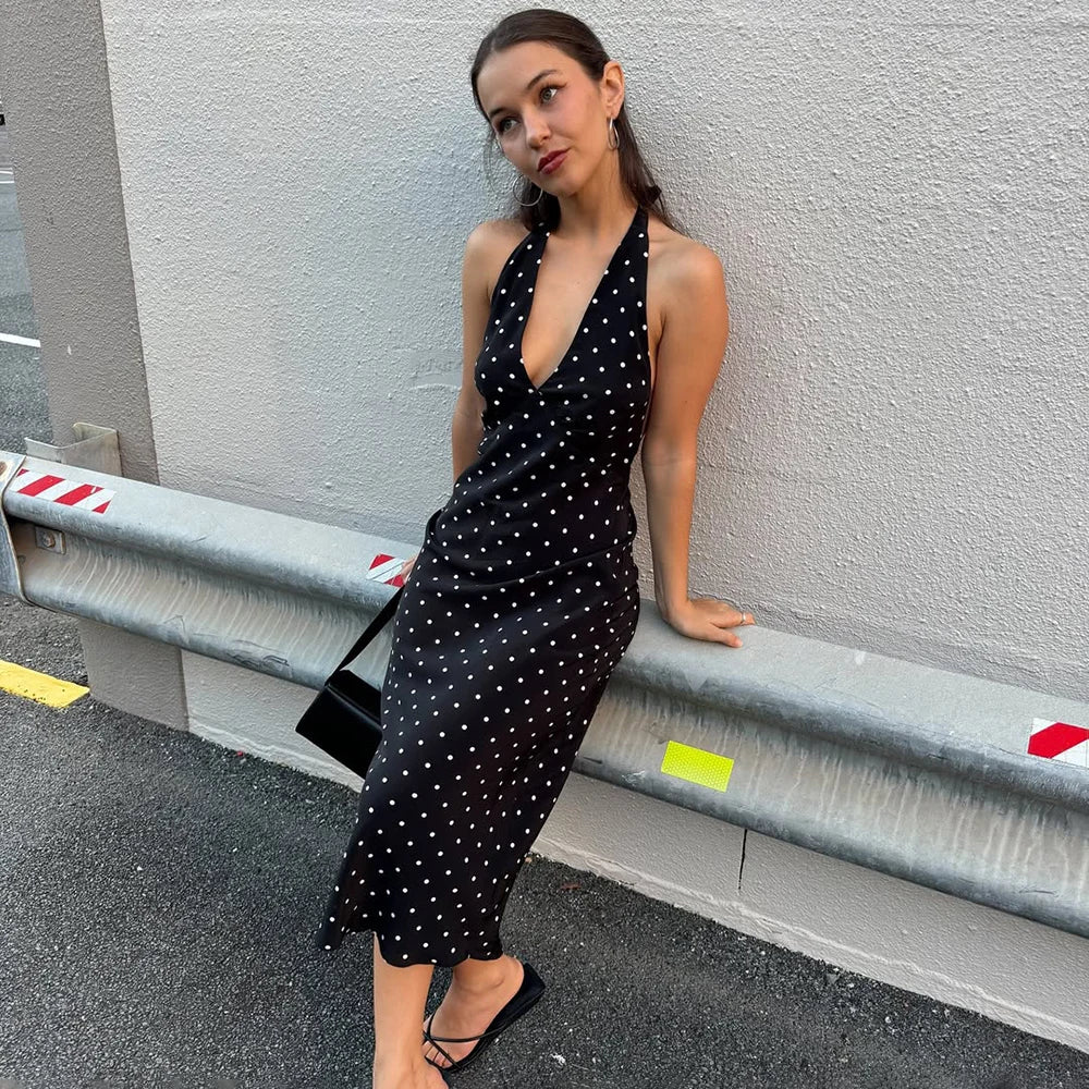 Tuularose Polka Dot Hanging Neck Long Dress
