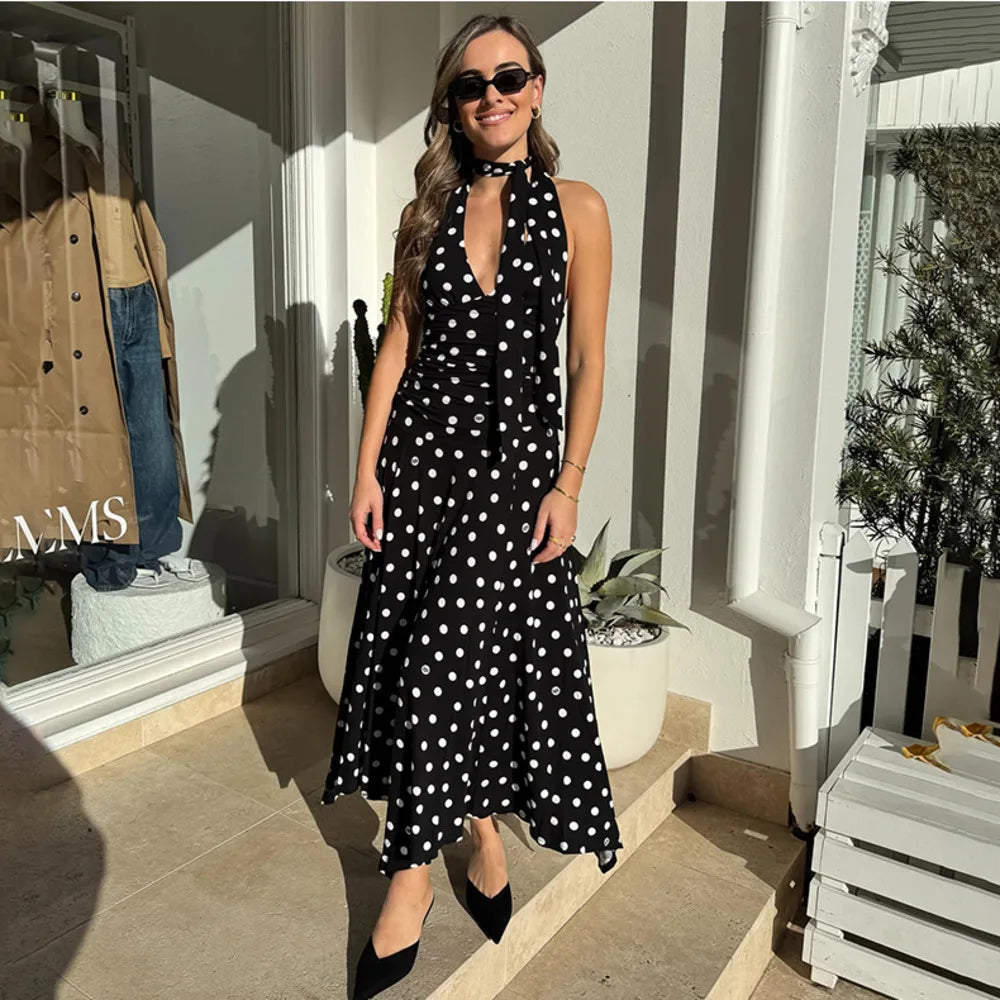 Blifanbo Polka Dot Halter Sexy Maxi Dress